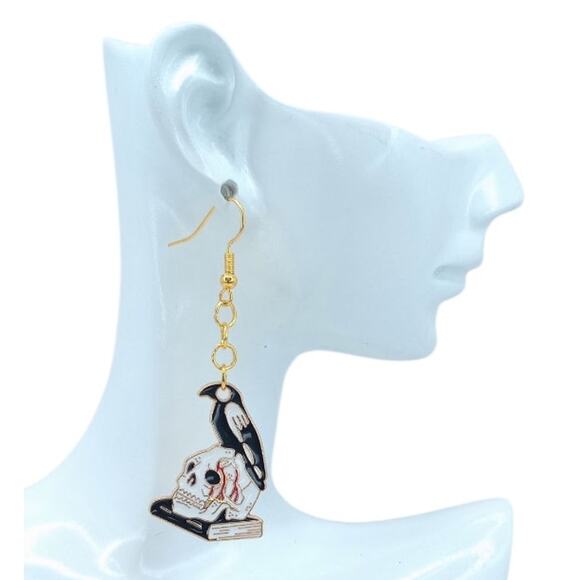 Skull Raven & Book Earrings 🖤 Gothic Halloween Jewelry - Picture 2 of 4